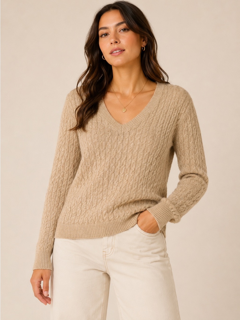 Lands’ End Cable Knit Sweater Women’s Medium Tan Metallic Cotton Blend